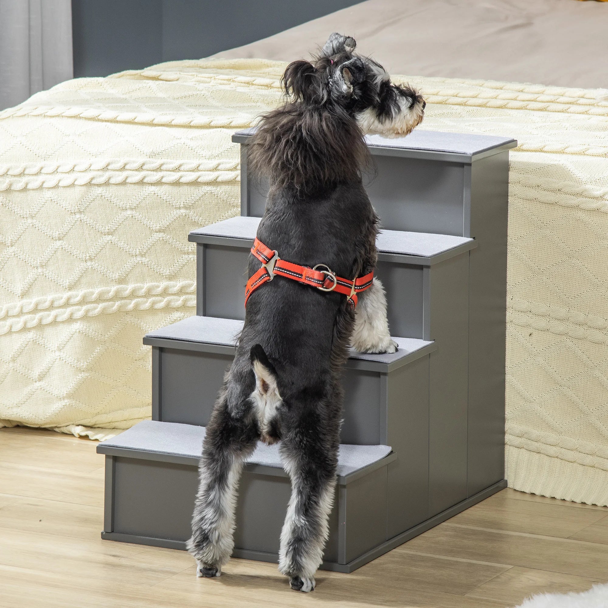 Escada de Apoio Acolchoada para Cão Idoso — 4 Degraus, Cinza