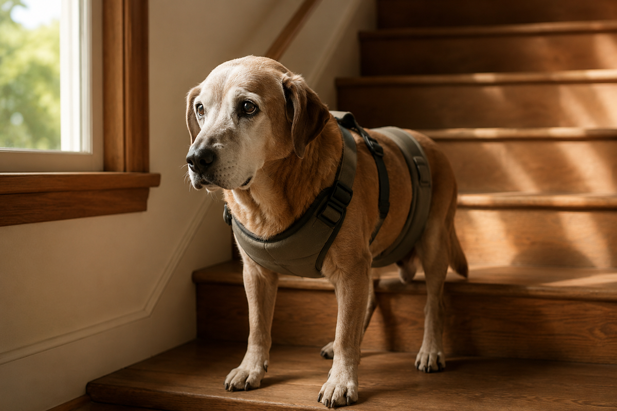Qual a melhor forma de usar um arnês de apoio para cães que têm dificuldade em subir escadas?